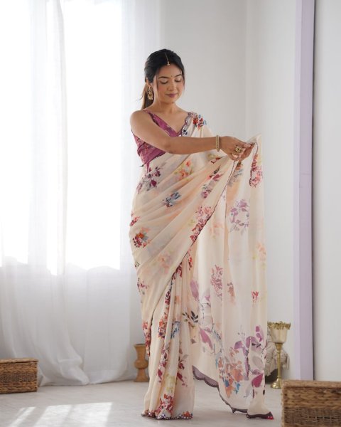 Flower Design Digital Chinnon Saree with Contrast Mirror Lace Trendy Floral Fashion at Factory Price  Designer Wedding Sarees Wholesale