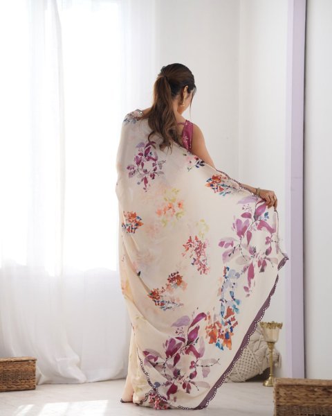 Flower Design Digital Chinnon Saree with Contrast Mirror Lace Trendy Floral Fashion at Factory Price  Designer Wedding Sarees Wholesale