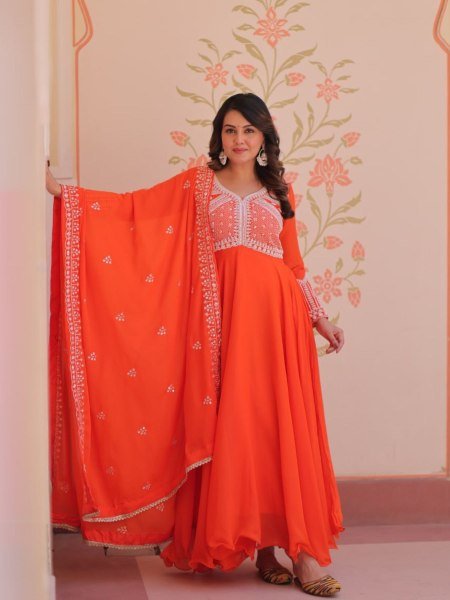 Flowy Fenta Georgette Embellished Gown with Full Sleeves and Dupatta Ready To Wear Suit