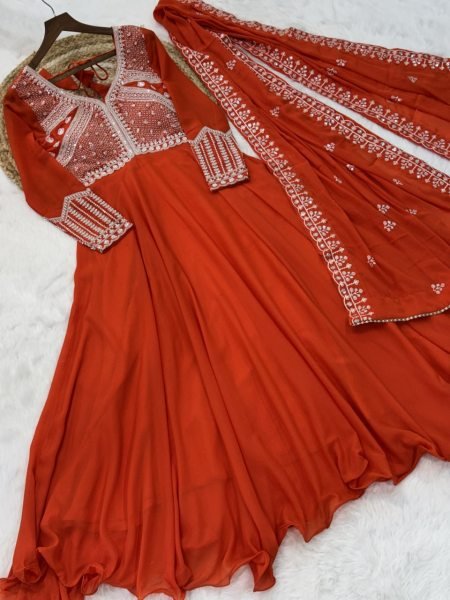 Flowy Fenta Georgette Embellished Gown with Full Sleeves and Dupatta Ready To Wear Collection