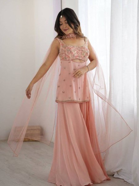 Flowy Festive Glam in Soft Peach Designer Georgette Palazzo Suit with Net Dupatta  Ready To Wear Suit