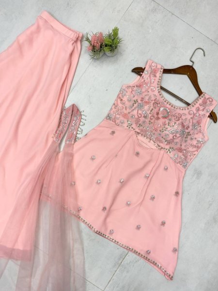 Flowy Festive Glam in Soft Peach Designer Georgette Palazzo Suit with Net Dupatta  Ready To Wear Collection