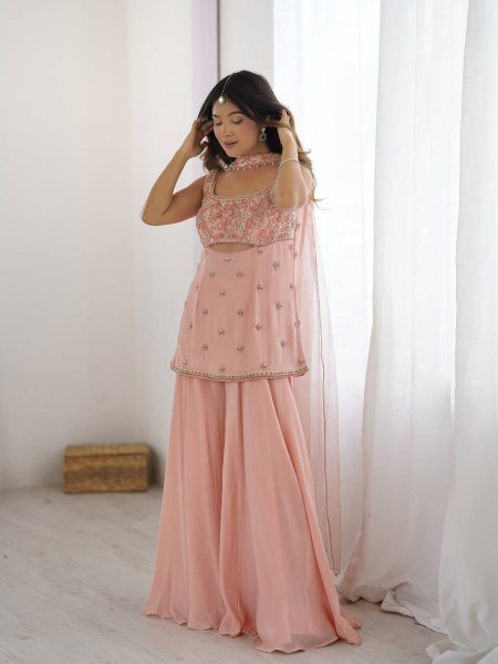 Flowy Festive Glam in Soft Peach Designer Georgette Palazzo Suit with Net Dupatta  Ready To Wear Collection