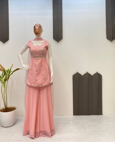 Flowy Festive Glam in Soft Peach Designer Georgette Palazzo Suit with Net Dupatta  Ready To Wear Collection