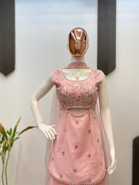 Flowy Festive Glam in Soft Peach Designer Georgette Palazzo Suit with Net Dupatta  Ready To Wear Collection