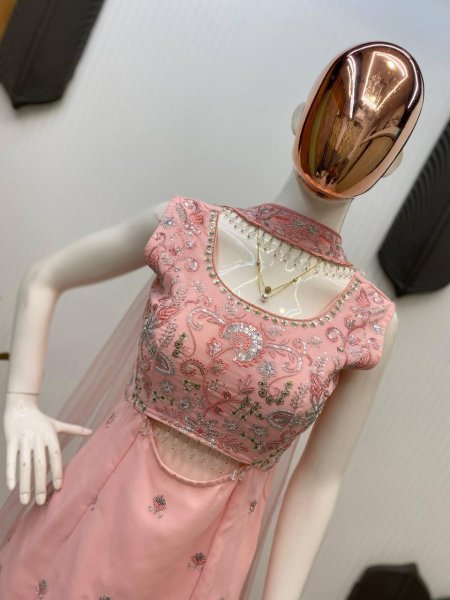 Flowy Festive Glam in Soft Peach Designer Georgette Palazzo Suit with Net Dupatta  Ready To Wear Collection