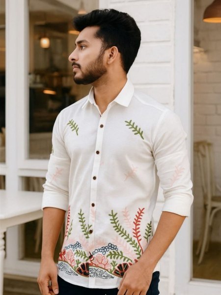 Foomer White Cotton Satin Shirt with Embroidered Design Perfect Casual wear for Mens Mens Wear