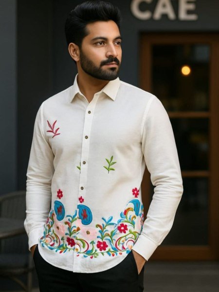 Classic White Mens Satin Shirt with Multicolor Stitch Casual Designer Wear  Mens Wear
