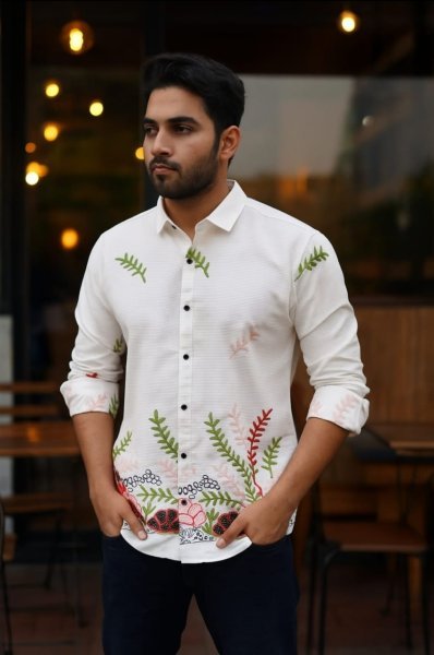 Foomer White Cotton Satin Shirt with Embroidered Design Perfect Casual wear for Mens Mens Shirt
