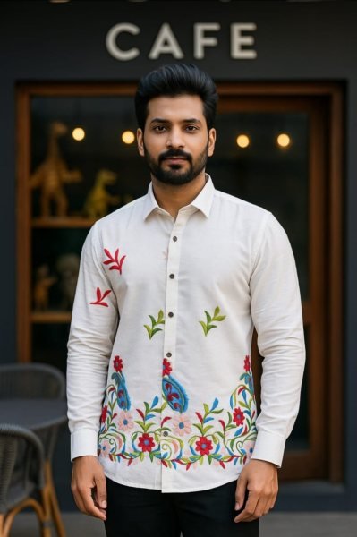 Classic White Mens Satin Shirt with Multicolor Stitch Casual Designer Wear  Mens Shirt