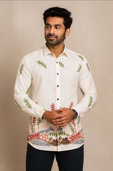 Foomer White Cotton Satin Shirt with Embroidered Design Perfect Casual wear for Mens Mens Shirt