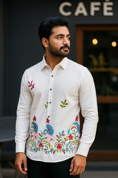 Classic White Mens Satin Shirt with Multicolor Stitch Casual Designer Wear  Mens Shirt