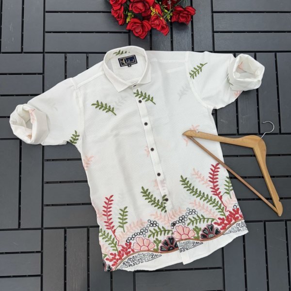 Foomer White Cotton Satin Shirt with Embroidered Design Perfect Casual wear for Mens Mens Shirt