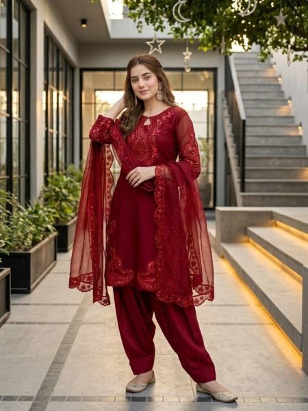 Forever Elegant Deep Rani Pink Stylish Fancy Cut Work Top With Fully Stitched Plazzo And Faux Georgette Dupatta 