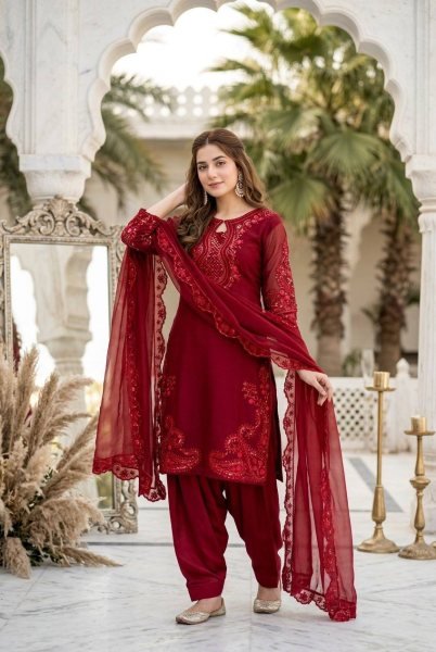 Forever Elegant Deep Rani Pink Stylish Fancy Cut Work Top With Fully Stitched Plazzo And Faux Georgette Dupatta Ready To Wear Collection