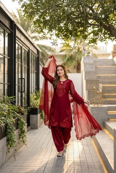 Forever Elegant Deep Rani Pink Stylish Fancy Cut Work Top With Fully Stitched Plazzo And Faux Georgette Dupatta Ready To Wear Collection