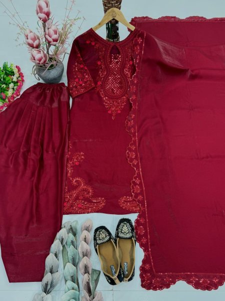 Forever Elegant Deep Rani Pink Stylish Fancy Cut Work Top With Fully Stitched Plazzo And Faux Georgette Dupatta Ready To Wear Collection