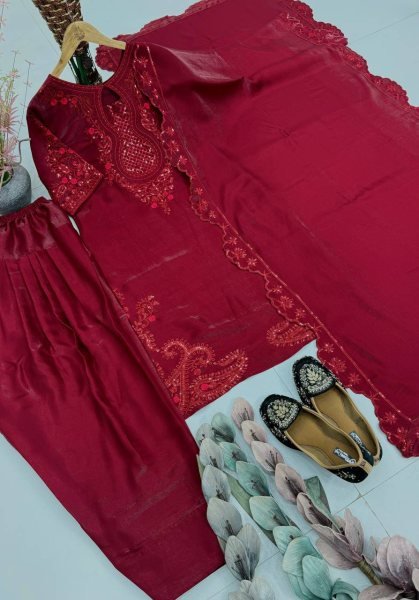 Forever Elegant Deep Rani Pink Stylish Fancy Cut Work Top With Fully Stitched Plazzo And Faux Georgette Dupatta Ready To Wear Collection