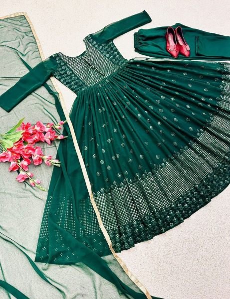 Dark Green Fox Georgette Gown Pant   Dupatta With Embroidery Work Ready To Wear Collection