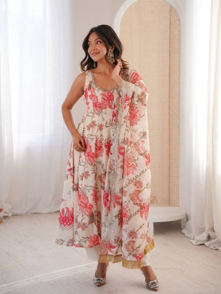 Fresh Floral White Muslin Gown with 4 Meter Flair With Embroidered Dupatta and Pant 