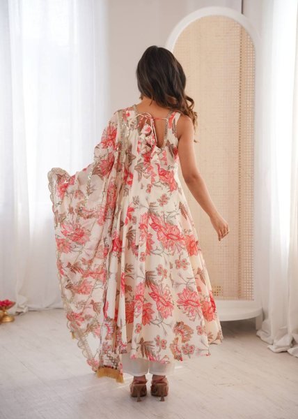 Fresh Floral White Muslin Gown with 4 Meter Flair With Embroidered Dupatta and Pant Ready To Wear Collection