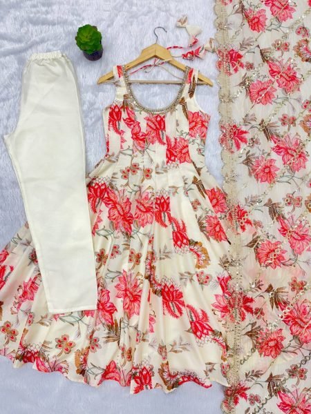 Fresh Floral White Muslin Gown with 4 Meter Flair With Embroidered Dupatta and Pant Ready To Wear Collection