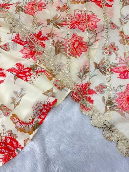 Fresh Floral White Muslin Gown with 4 Meter Flair With Embroidered Dupatta and Pant Ready To Wear Collection