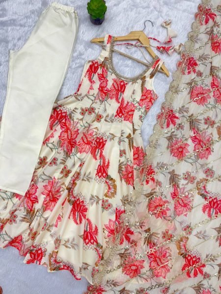 Fresh Floral White Muslin Gown with 4 Meter Flair With Embroidered Dupatta and Pant Ready To Wear Collection