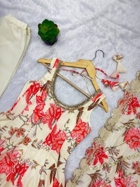 Fresh Floral White Muslin Gown with 4 Meter Flair With Embroidered Dupatta and Pant Ready To Wear Collection