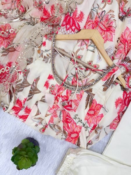 Fresh Floral White Muslin Gown with 4 Meter Flair With Embroidered Dupatta and Pant Ready To Wear Collection