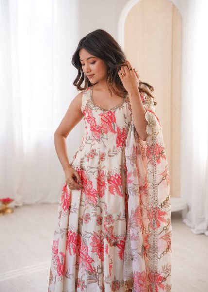 Fresh Floral White Muslin Gown with 4 Meter Flair With Embroidered Dupatta and Pant Ready To Wear Collection