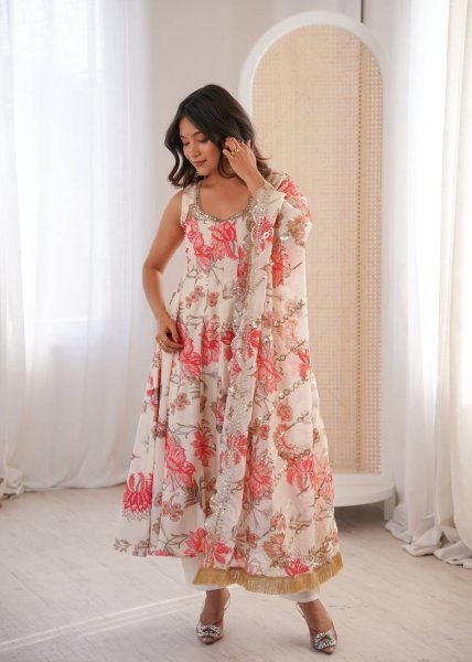 Fresh Floral White Muslin Gown with 4 Meter Flair With Embroidered Dupatta and Pant Ready To Wear Collection