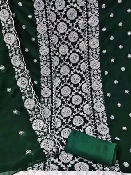 Fresh Green Georgette Suit Material with Elegant Thread Embroidery   Inner Color Set Matching Dress Material Wholesale