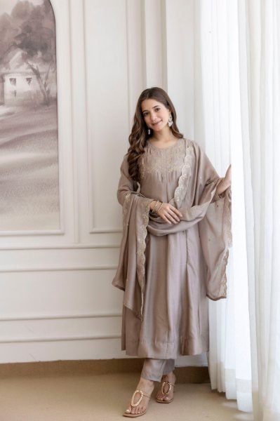 Fresh Light Brown  Color Ready to Wear  Vichitra Silk Embroidered Kurti Paired With a Matching Pant And Dupatta For Reseller  Anarkali Kurtis 