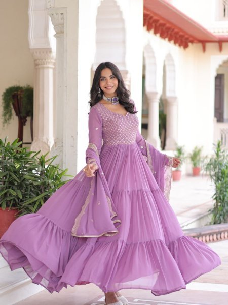 Fresh Onion  Pink  Faux Georgette Embroidered Sequins   Zari Work Gown with Three Layer Frill Stitch for Reception Wear Kurti With Dupatta Wholesale