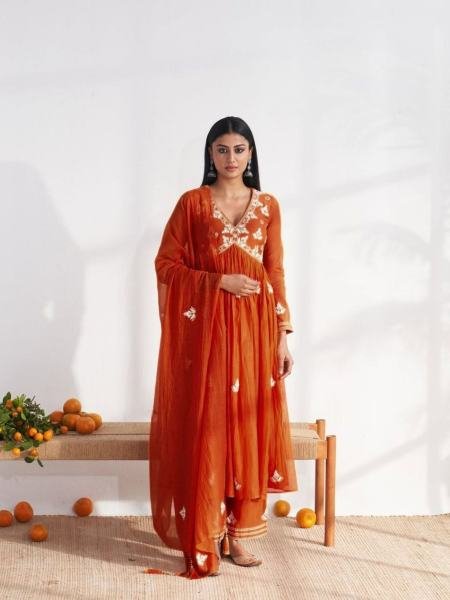 Fresh Orange Vichitra Silk Embroidered Salwar Suit with Matching Dupatta For Woman Diwali Collection