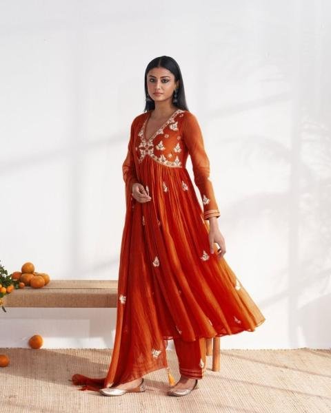 Fresh Orange Vichitra Silk Embroidered Salwar Suit with Matching Dupatta For Woman 3 Piece Kurti Set