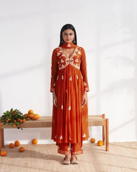Fresh Orange Vichitra Silk Embroidered Salwar Suit with Matching Dupatta For Woman 3 Piece Kurti Set