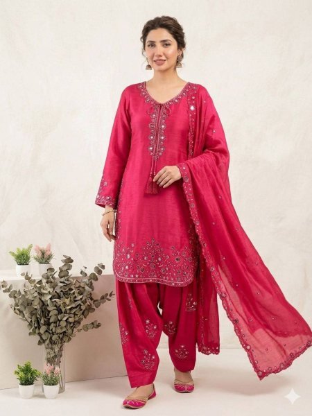 Fresh Pink Chinon Silk Embroidered Farshi Suit Set with Sequence Dupatta Ready To Wear Suit