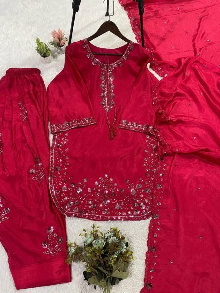 Fresh Pink Chinon Silk Embroidered Farshi Suit Set with Sequence Dupatta Ready To Wear Collection
