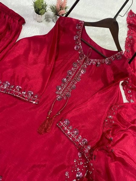 Fresh Pink Chinon Silk Embroidered Farshi Suit Set with Sequence Dupatta Ready To Wear Collection