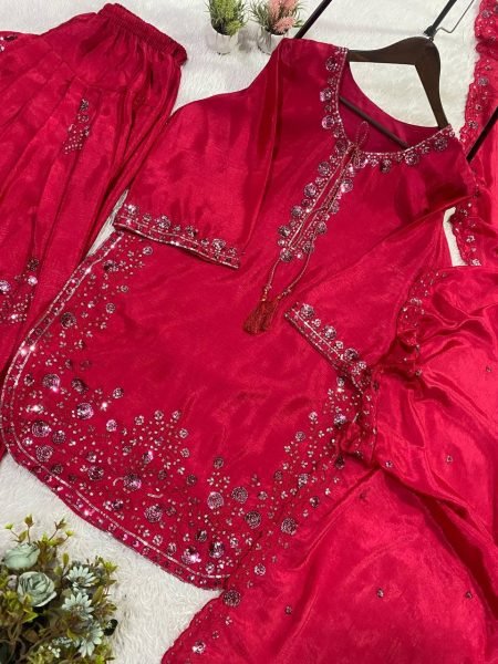 Fresh Pink Chinon Silk Embroidered Farshi Suit Set with Sequence Dupatta Ready To Wear Collection
