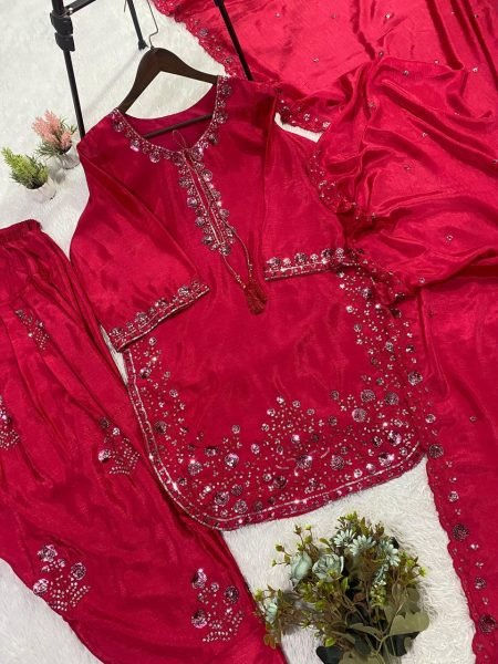 Fresh Pink Chinon Silk Embroidered Farshi Suit Set with Sequence Dupatta Ready To Wear Collection