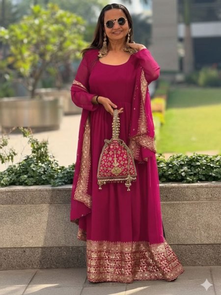 Fresh Pink Round Neck Georgette Anarkali Gown Set with Dupatta for Wedding Wear