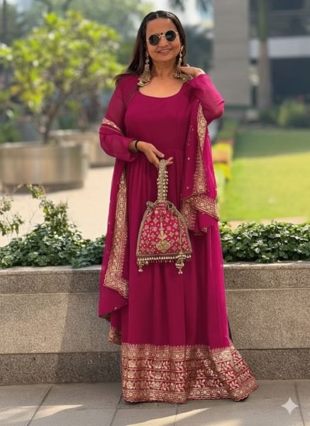 Fresh Pink Round Neck Georgette Anarkali Gown Set with Dupatta for Wedding Wear Plus Size Kurti / Gown