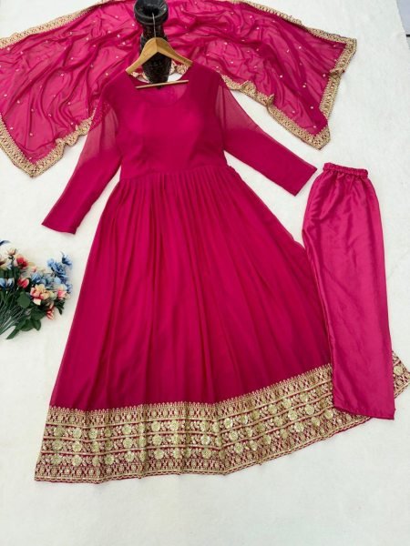 Fresh Pink Round Neck Georgette Anarkali Gown Set with Dupatta for Wedding Wear Plus Size Kurti / Gown