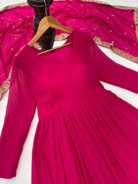 Fresh Pink Round Neck Georgette Anarkali Gown Set with Dupatta for Wedding Wear Plus Size Kurti / Gown