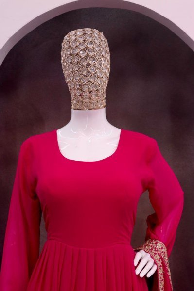 Fresh Pink Round Neck Georgette Anarkali Gown Set with Dupatta for Wedding Wear Plus Size Kurti / Gown