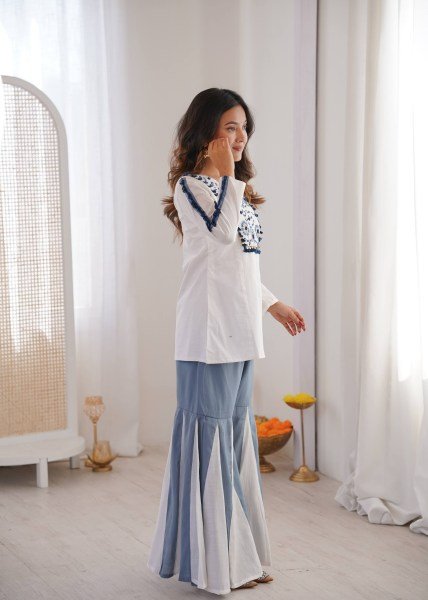 Fresh  Roman Silk Embroidered Co ord Set with Hand Work   Full Flair Palazzo for Party Wear CO ORD Sets