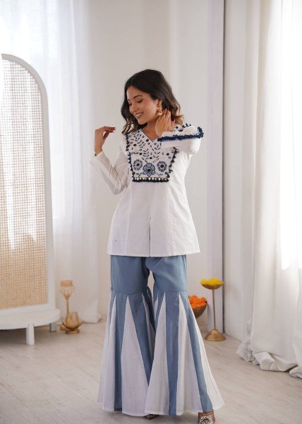 Fresh  Roman Silk Embroidered Co ord Set with Hand Work   Full Flair Palazzo for Party Wear CO ORD Sets